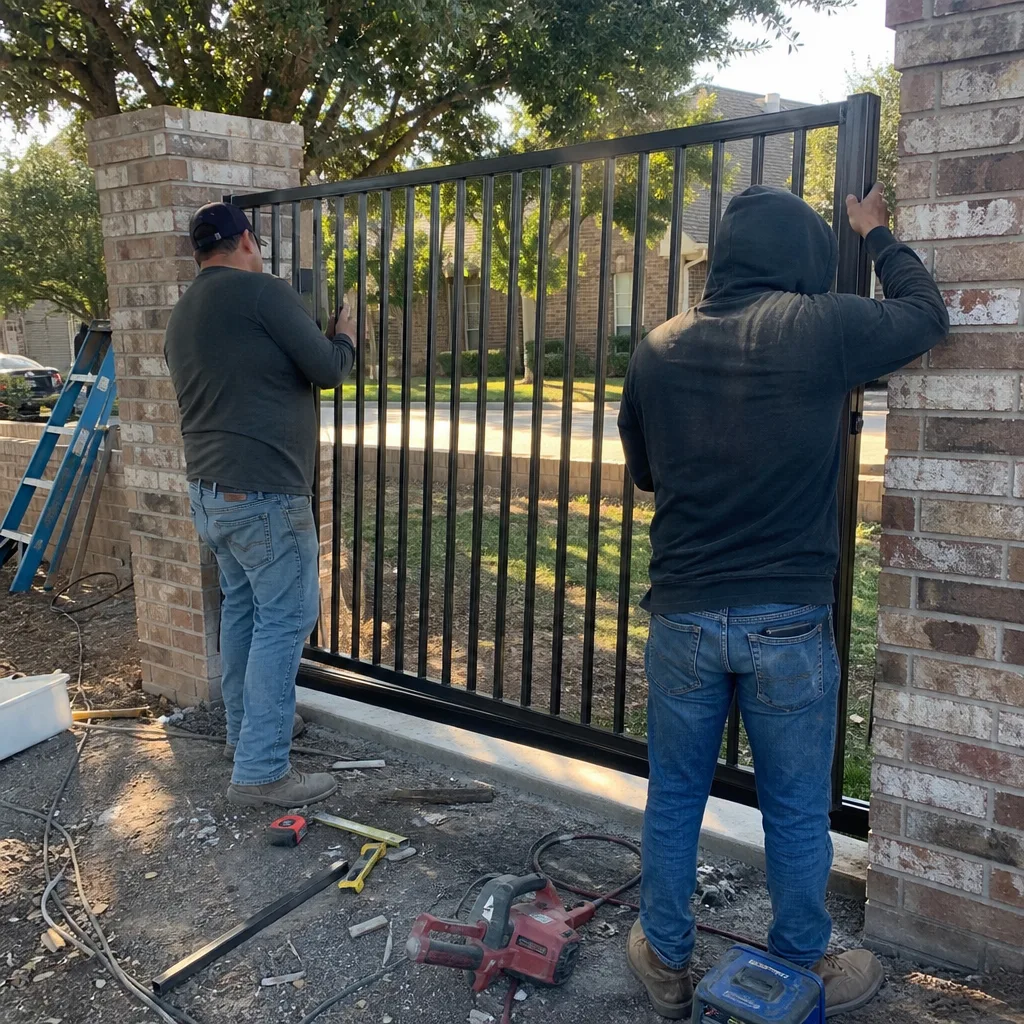 Two professional contractors installing a new black metal driveway gate.
