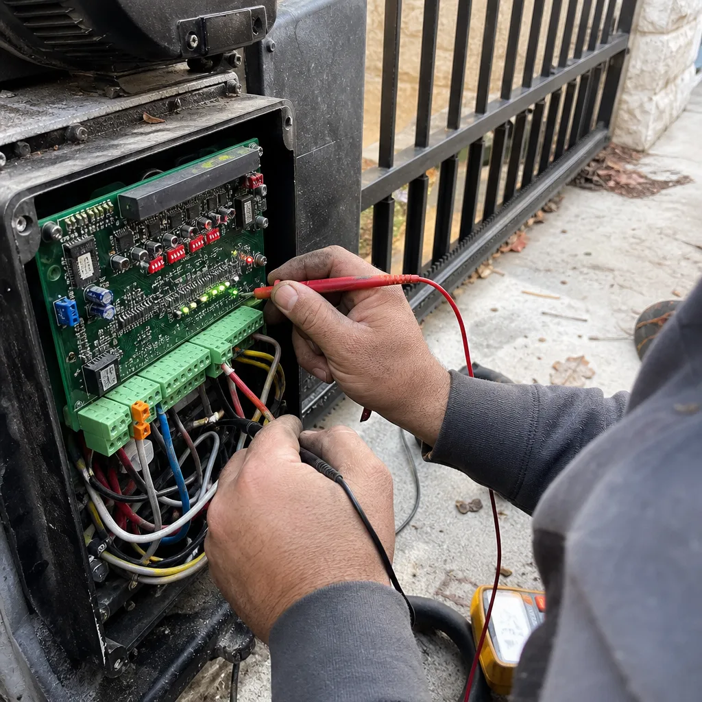 Technician using a multimeter to repair an automatic gate motor control board