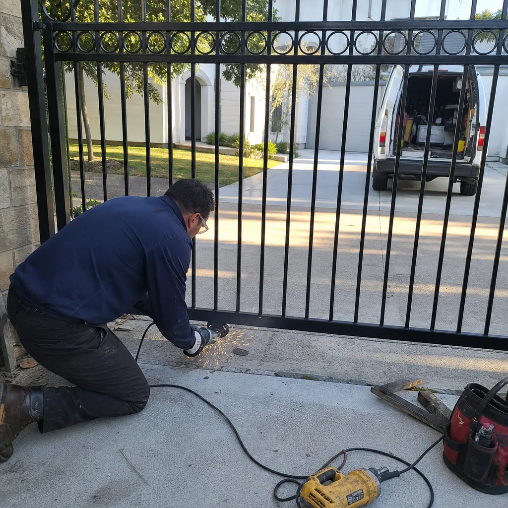 Technician using an angle grinder for metal gate repair services