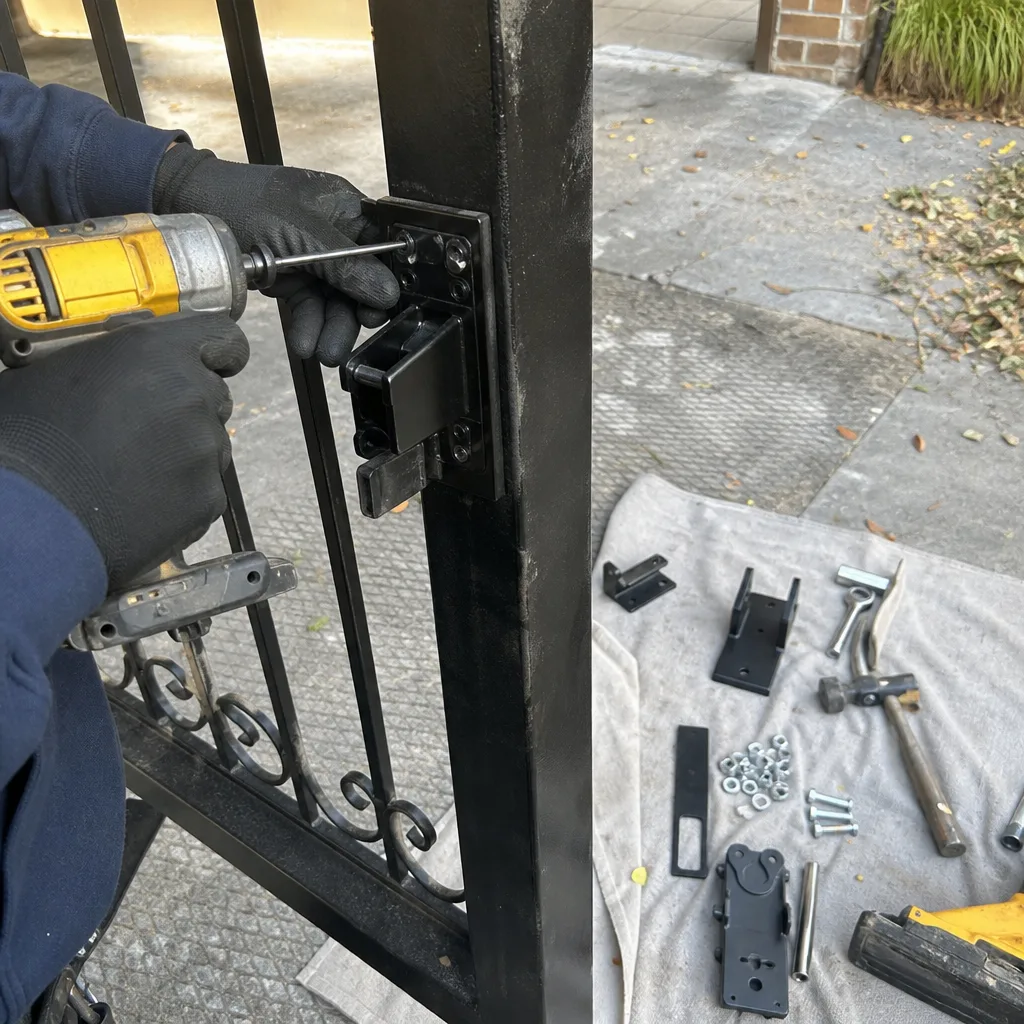 Technician using a power drill to repair a black metal gate