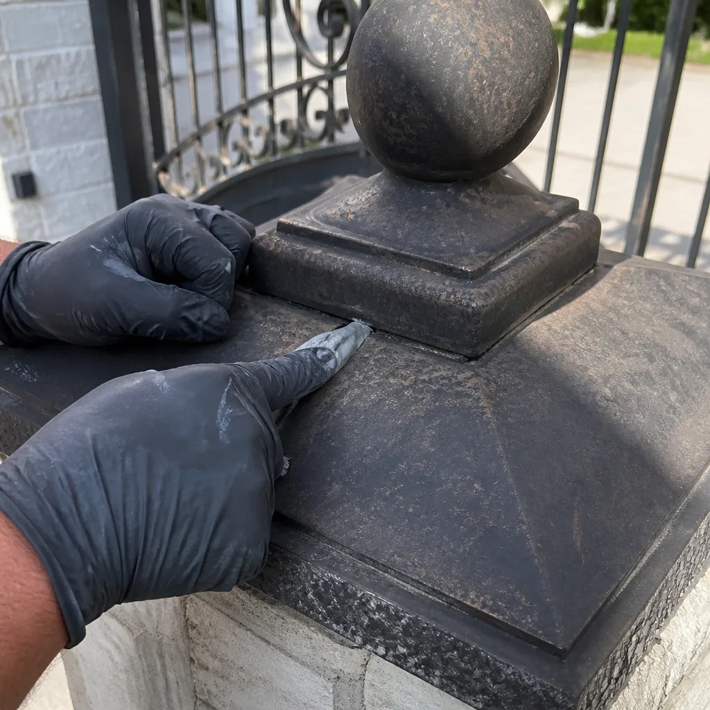 Professional applying sealant to decorative metal gate post during repairs