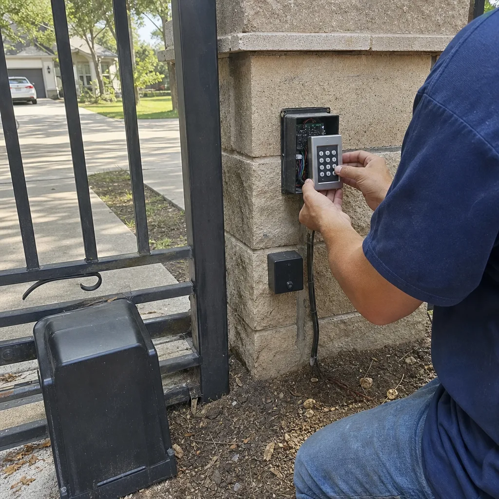 Technician installing a gate access control keypad on a pillar in Murphy, TX