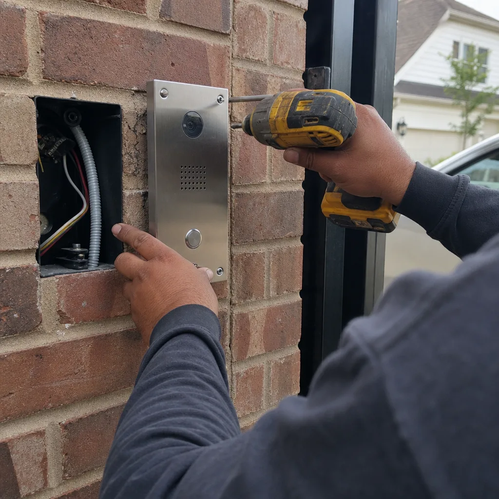 Technician installing a secure video intercom access control system on a gate in Murphy, TX